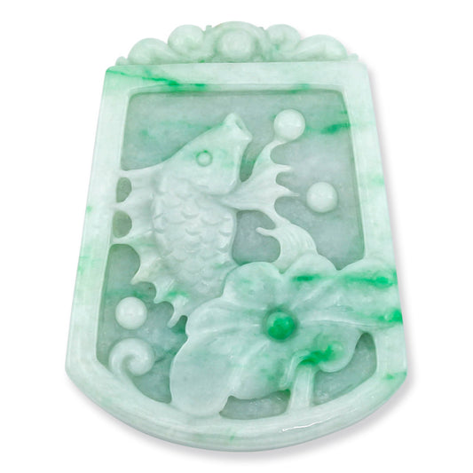 Green Jadeite Jade Loose Carved Fish, Lotus Glower, and Ling Zhi | UPC #331679