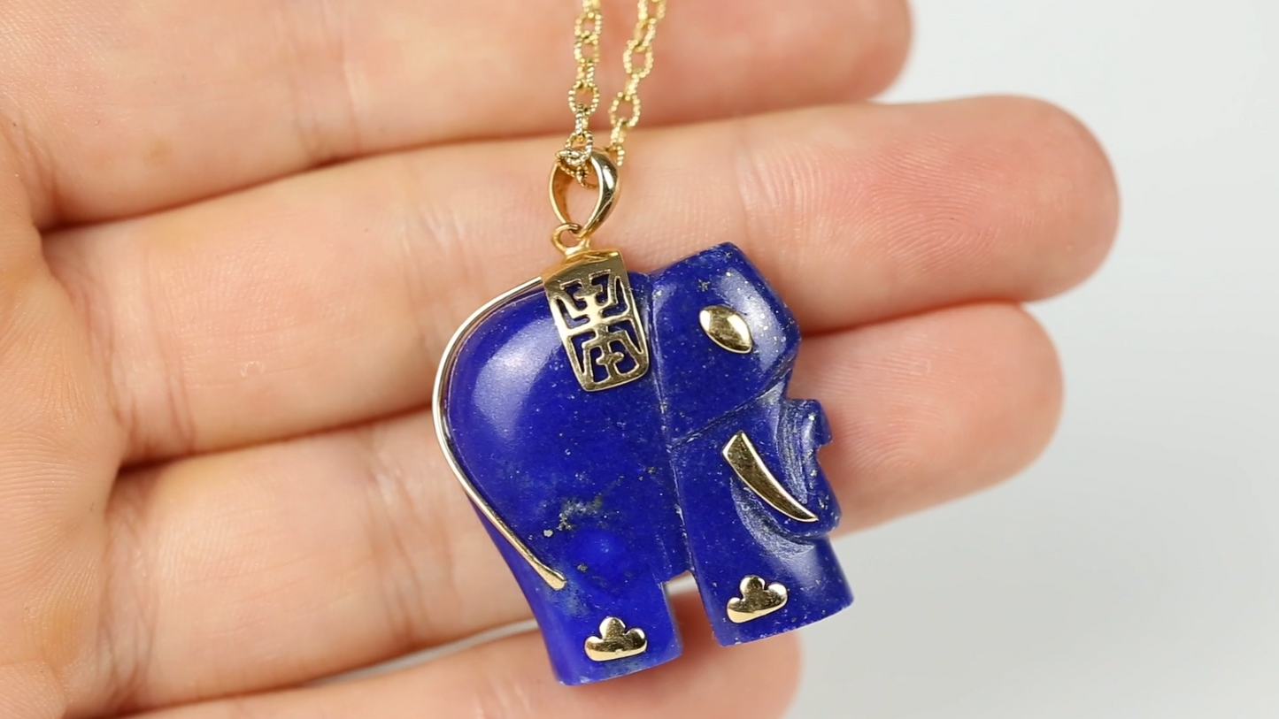 Lapis Lazuli Pendant | Lapiz Lazuli Jewelry Carving of Elephant in 14K Yellow Gold | UPC #000322