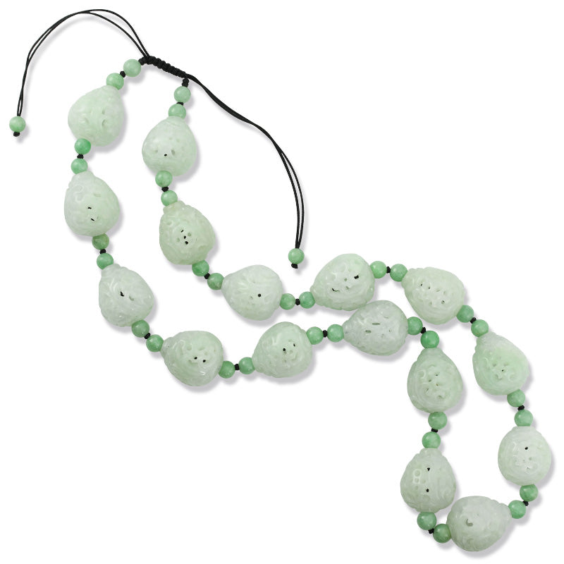 Green Jadeite Jade Carved Bead Necklace on Cord | Jade Dragon, Phoenix and Coin Carving | UPC #336537