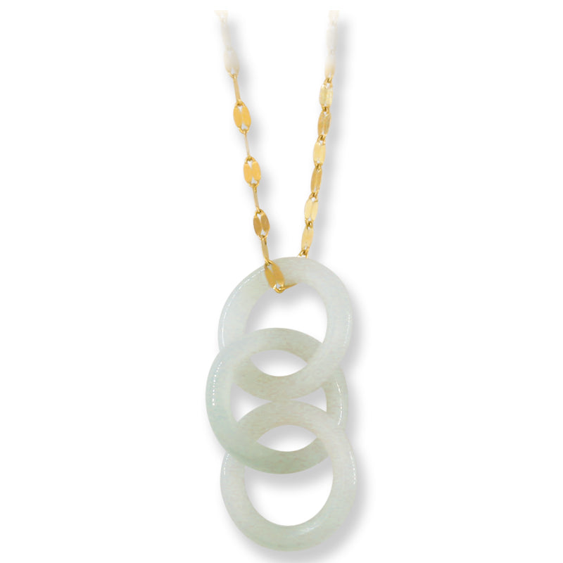 White Jadeite Jade Interlocking Triple Ring 14K Yellow Gold Necklace | UPC #398238
