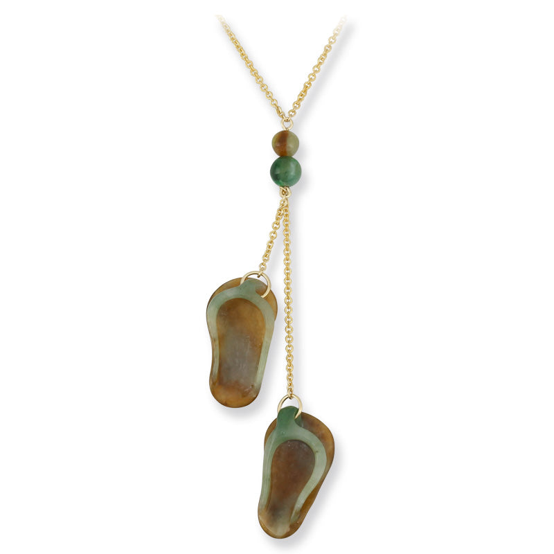14K Yellow Gold Green and Red Jadeite Jade Flip Flop Necklace | UPC #354630