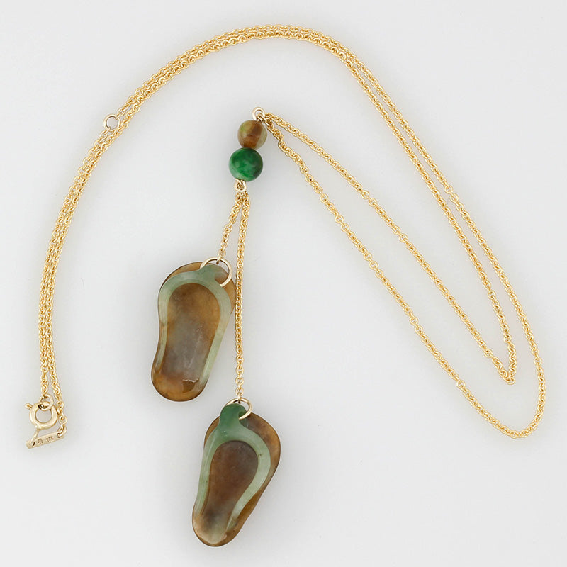 14K Yellow Gold Green and Red Jadeite Jade Flip Flop Necklace | UPC #354630