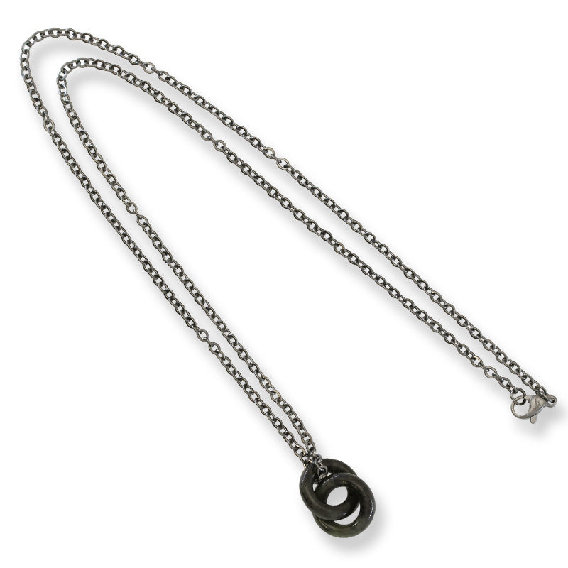 Grey Jadeite Jade Interlocking Double Ring Necklace on 20" Steel Chain | UPC #398764