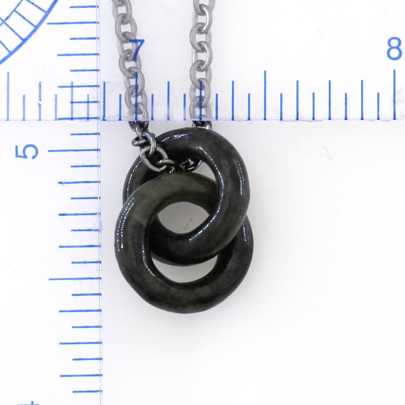 Grey Jadeite Jade Interlocking Double Ring Necklace on 20" Steel Chain | UPC #398764