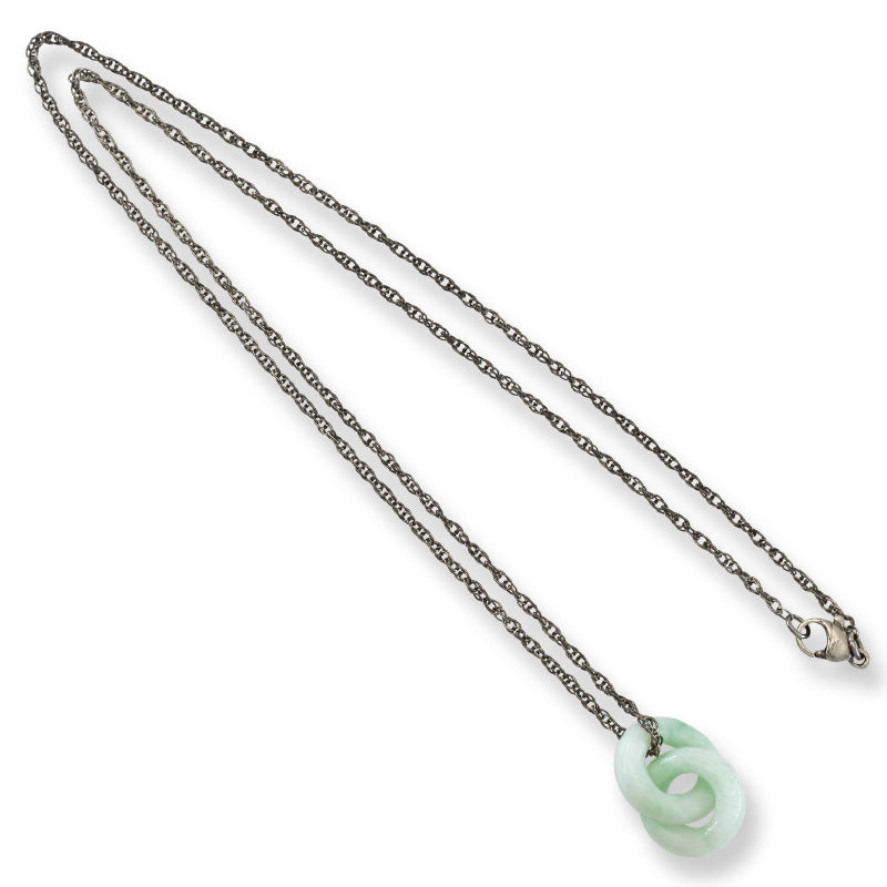 Soft Green Jadeite Jade Interlocking Double Ring Necklace on 20" Steel Chain | UPC #381636