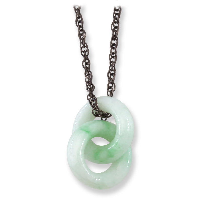 Soft Green Jadeite Jade Interlocking Double Ring Necklace on 20" Steel Chain | UPC #381636
