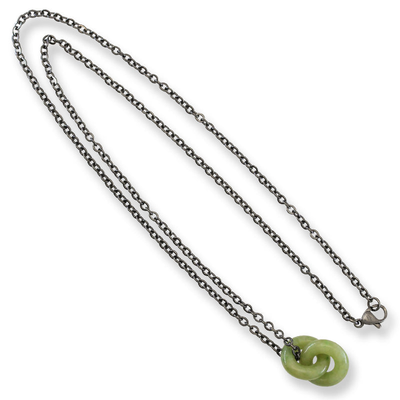 Green Jadeite Jade Interlocking Double Ring Necklace on 20" Steel Chain | UPC #398788