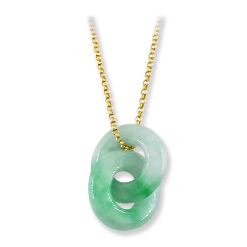 GREEN JADEITE JADE DOUBLE INTERLOCKING RINGS 14K YELLOW GOLD NECKLACE UPC #392793