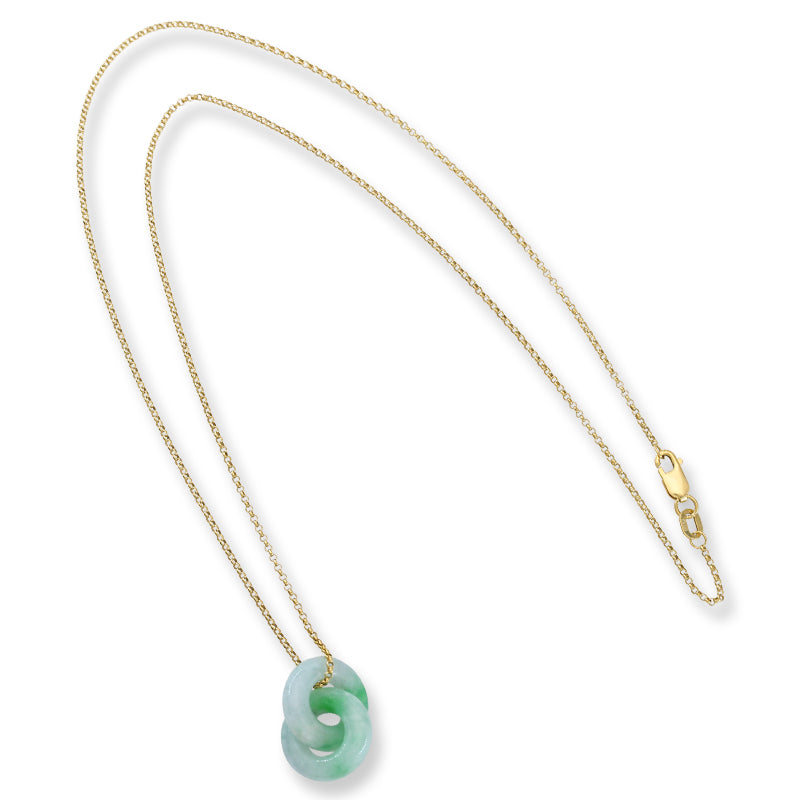 GREEN JADEITE JADE DOUBLE INTERLOCKING RINGS 14K YELLOW GOLD NECKLACE UPC #392793