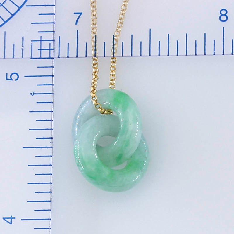 GREEN JADEITE JADE DOUBLE INTERLOCKING RINGS 14K YELLOW GOLD NECKLACE UPC #392793