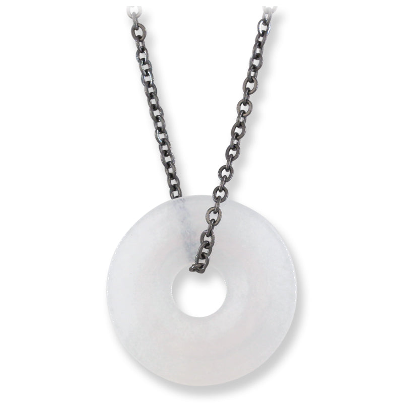 White Jadeite Jade Disc Necklace on Oxidized Steel Chain | UPC #399563