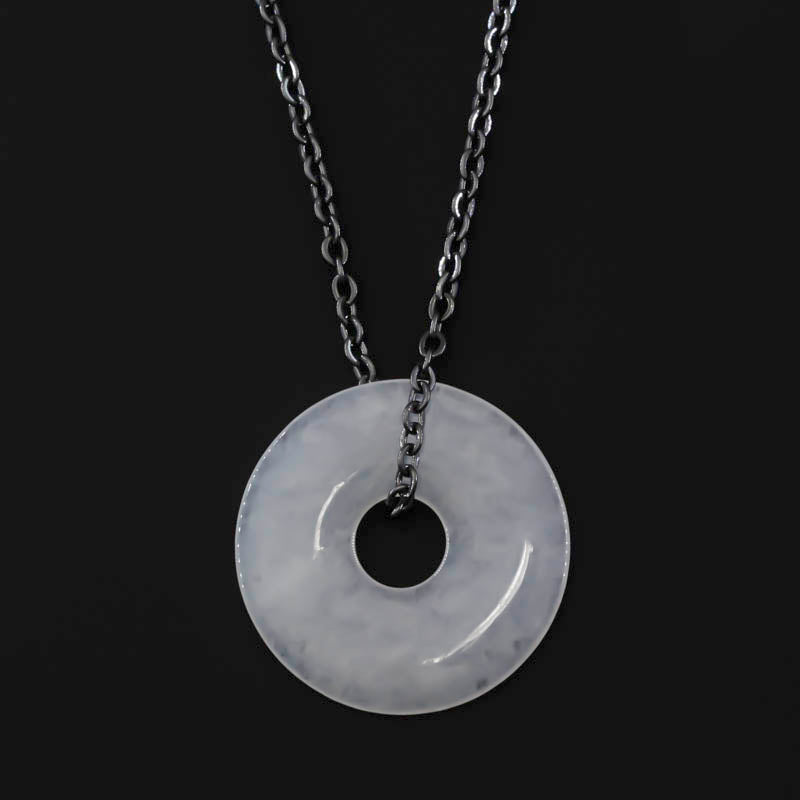 White Jadeite Jade Disc Necklace on Oxidized Steel Chain | UPC #399563