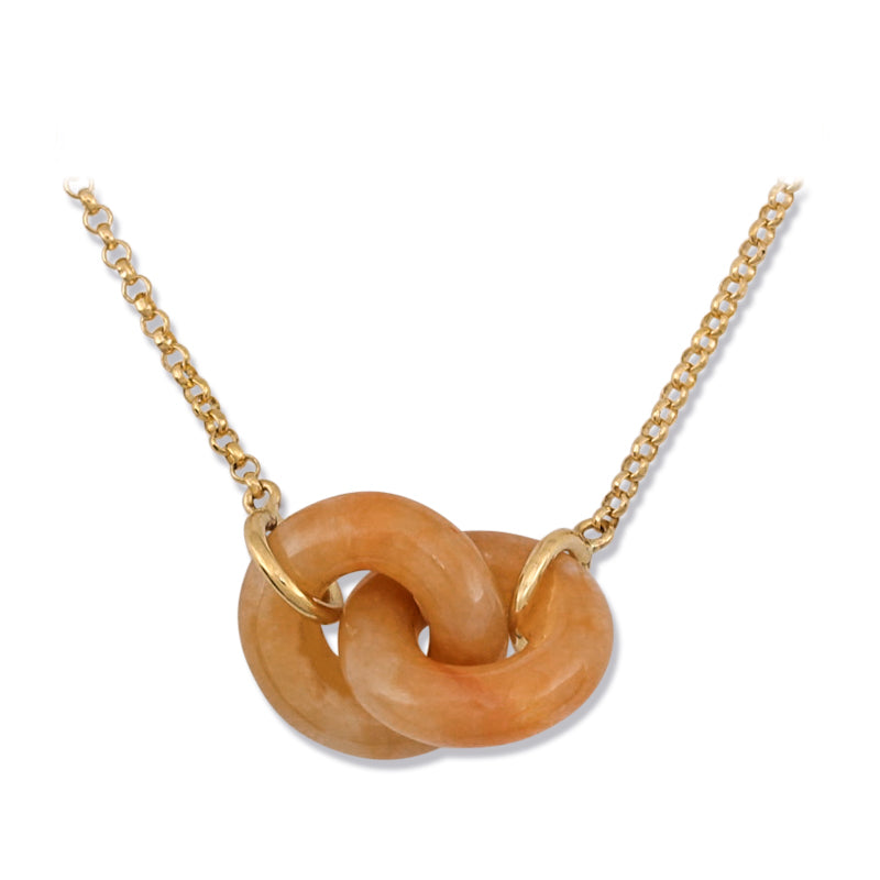 RED JADEITE JADE 18K YELLOW GOLD DOUBLE INTERLOCKING RINGS NECKLACE UPC #382206