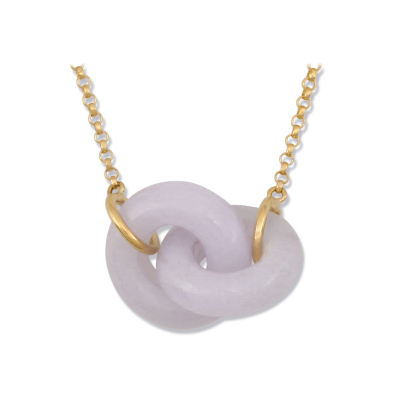LAVENDER JADEITE JADE 18K YELLOW GOLD DOUBLE INTERLOCKING RINGS NECKLACE UPC #382183