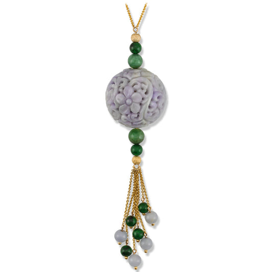 14K YELLOW GOLD LAVENDER JADEITE JADE CARVED BEAD NECKLACE UPC #379176