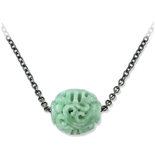 Green Jadeite Jade Carved Dragon and Phoenix Bead Necklace | UPC #393127