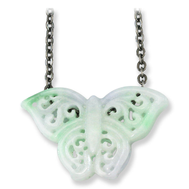 Green Jadeite Jade Butterfly Carving on 18" Steel Chain | UPC #393004