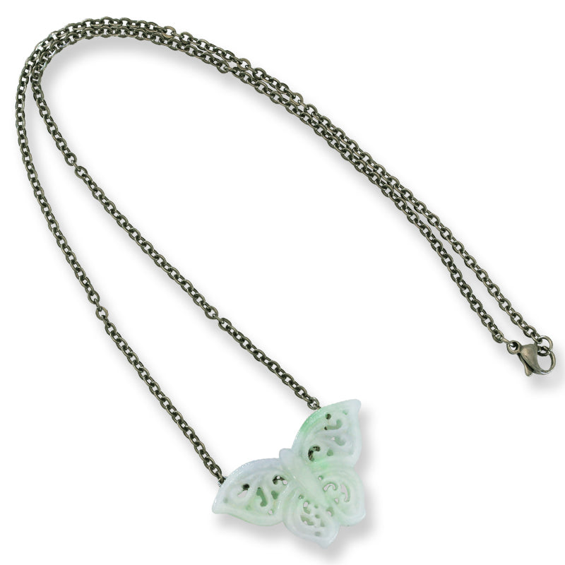 Green Jadeite Jade Butterfly Carving on 18" Steel Chain | UPC #393004