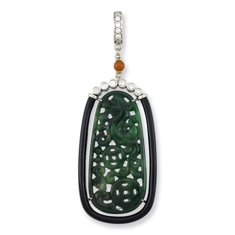 Jade Dragon Carved Pendant in 18K White Gold with Black Onyx and Diamonds | UPC #311053