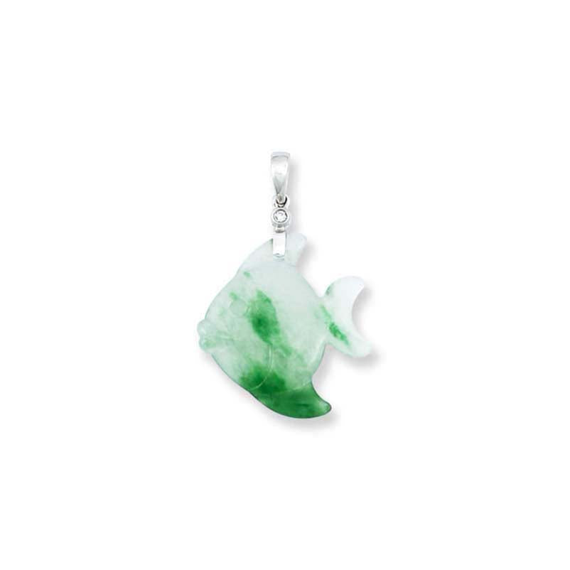 Small Ice and Green Jadeite Jade Pendant Fish Carving with Diamond Accent | UPC #388406