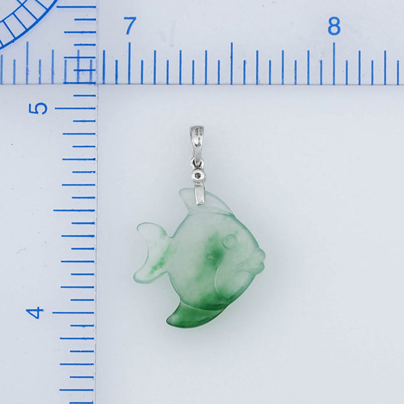 Small Ice and Green Jadeite Jade Pendant Fish Carving with Diamond Accent | UPC #388406