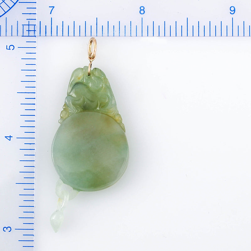 14K Yellow Gold Green Jadeite Jade Carved Dragon Pendant | UPC #362635