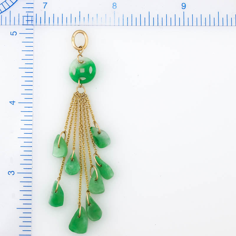 14K Yellow Gold Green Jadeite Jade Coin Carved Tassel-Style Pendant | UPC #379404
