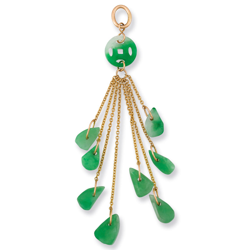 14K Yellow Gold Green Jadeite Jade Coin Carved Tassel-Style Pendant | UPC #379404