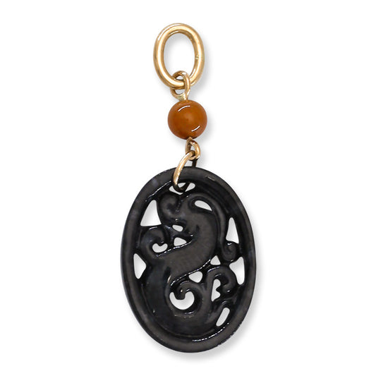 14K Yellow Gold Dark Grey Jadeite Jade Dragon Pendant | UPC #391901