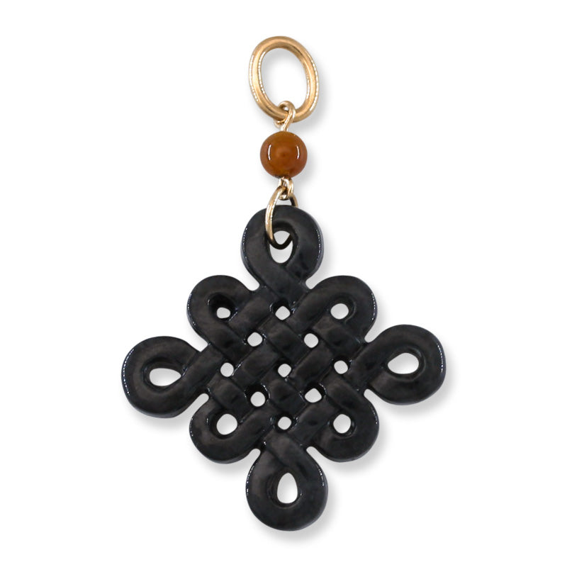 14K YELLOW GOLD GREY JADEITE JADE CARVED ENDLESS KNOT PENDANT UPC #391963