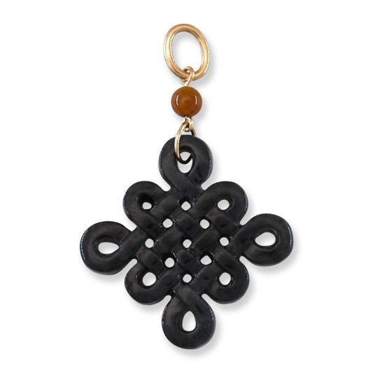 14K YELLOW GOLD GREY JADEITE JADE CARVED ENDLESS KNOT PENDANT UPC #391963
