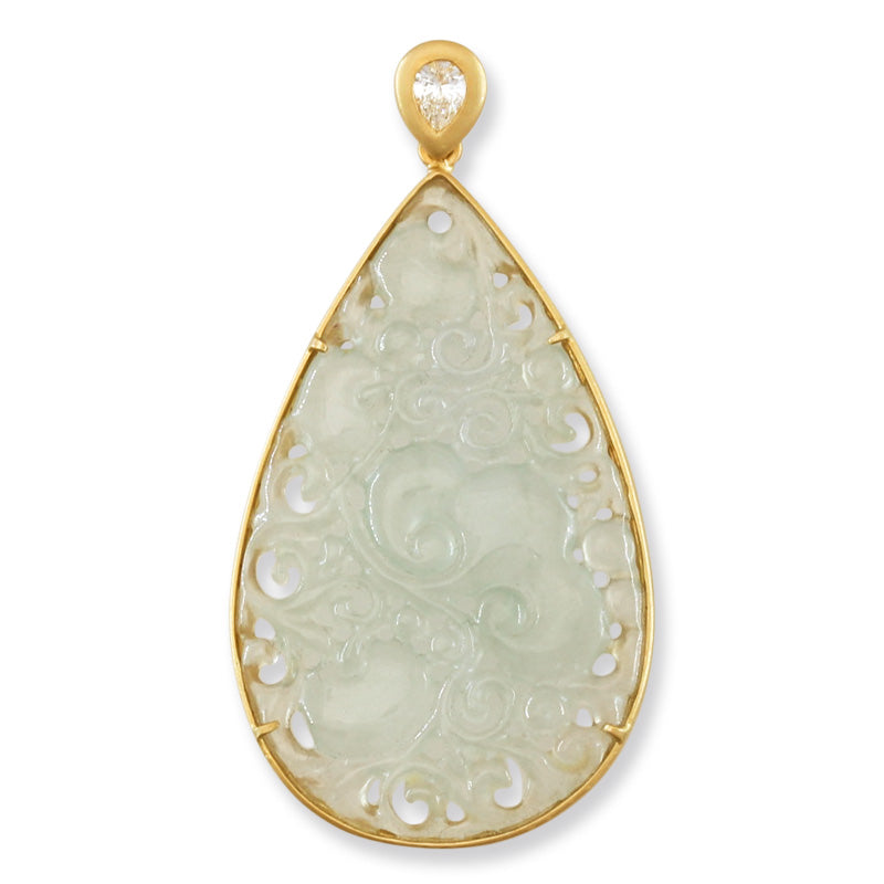 18K Yellow Gold Ice Jadeite Jade Carved Lingzhi Mushroom Pendant | UPC #392373