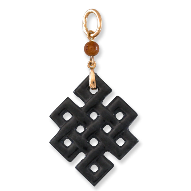 14K YELLOW GOLD GREY JADEITE JADE CARVED ENDLESS KNOT PENDANT UPC #395787