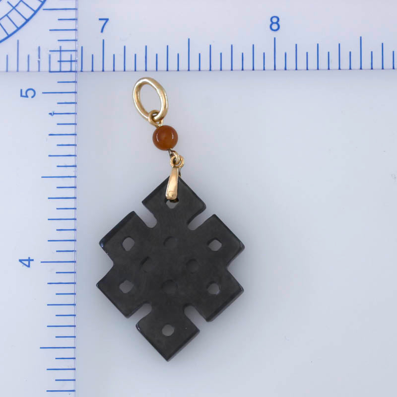14K YELLOW GOLD GREY JADEITE JADE CARVED ENDLESS KNOT PENDANT UPC #395787