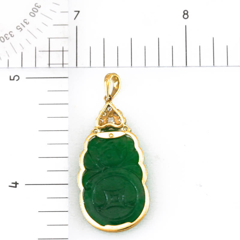 Vintage Green Jadeite Jade Carved Bat & Coin 18K Yellow Gold Pendant | UPC #405264