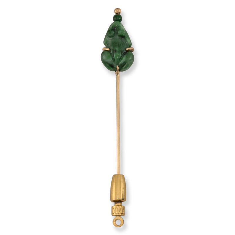 14K YELLOW GOLD GREEN JADEITE JADE CARVED FROG STICK PIN UPC #384569