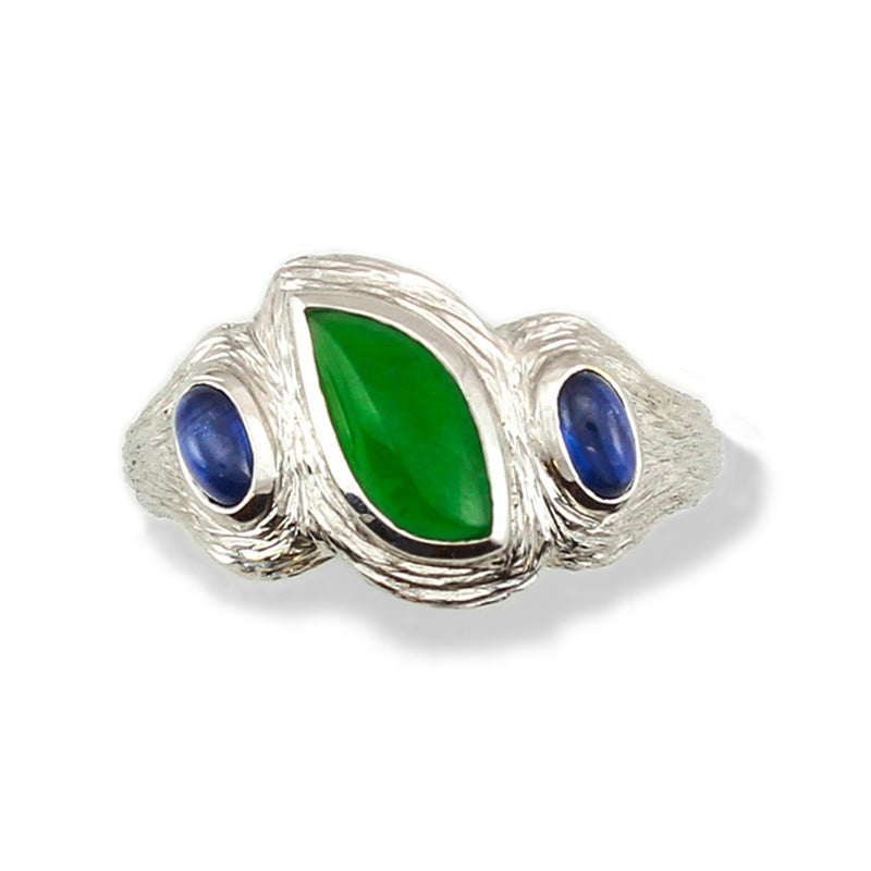 18K White Gold Green Jadeite Jade and Sapphire Designer Ring | UPC #275195