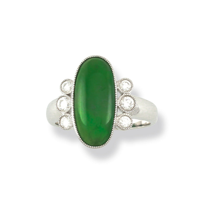 18K White Gold Green Jadeite Jade Oval and Diamond Ring | UPC #322790