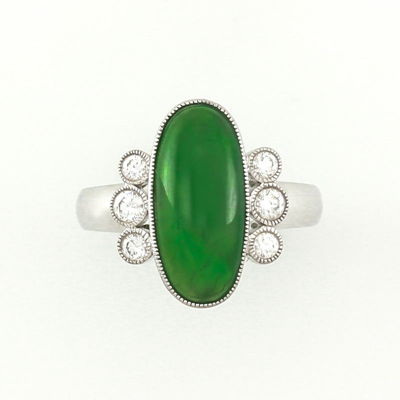 18K White Gold Green Jadeite Jade Oval and Diamond Ring | UPC #322790