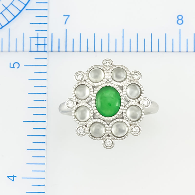 18K White Gold Designer Green and Ice Jadeite Jade Ring | UPC #341685