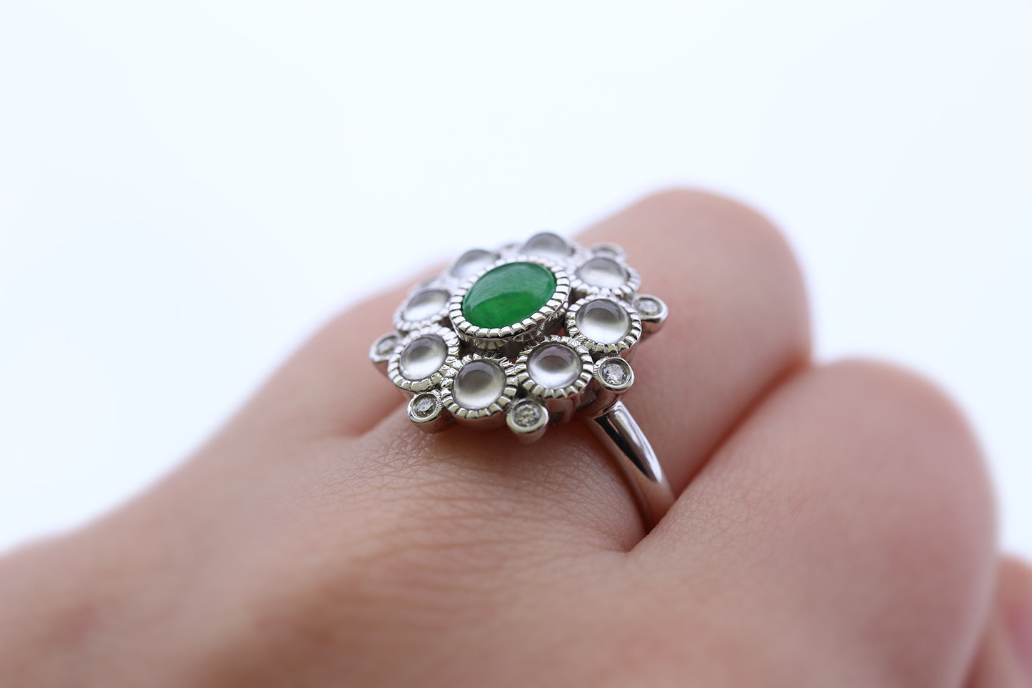 18K White Gold Designer Green and Ice Jadeite Jade Ring | UPC #341685