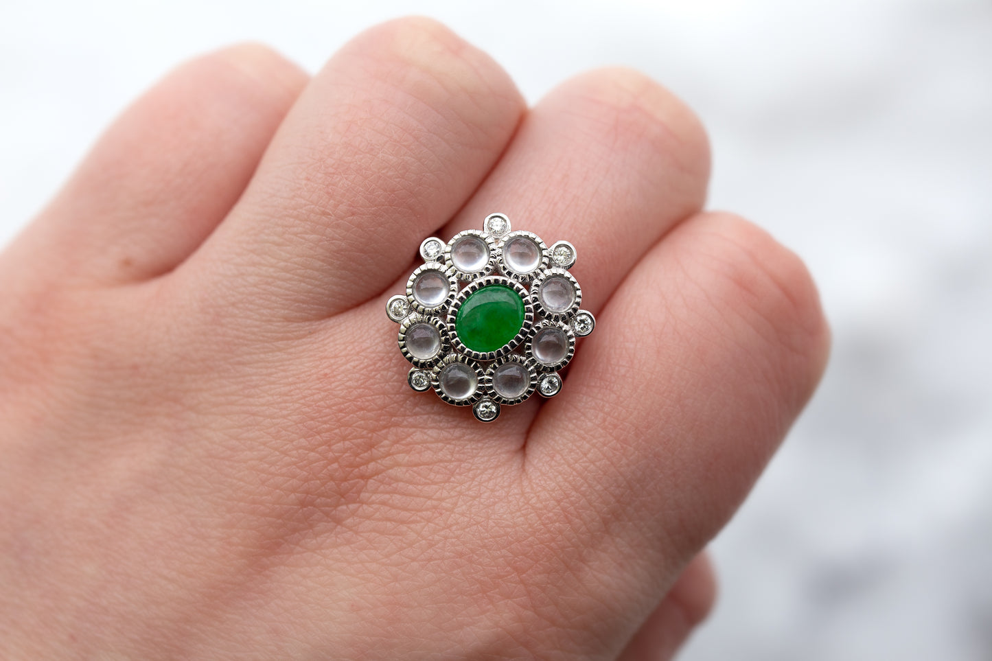 18K White Gold Designer Green and Ice Jadeite Jade Ring | UPC #341685