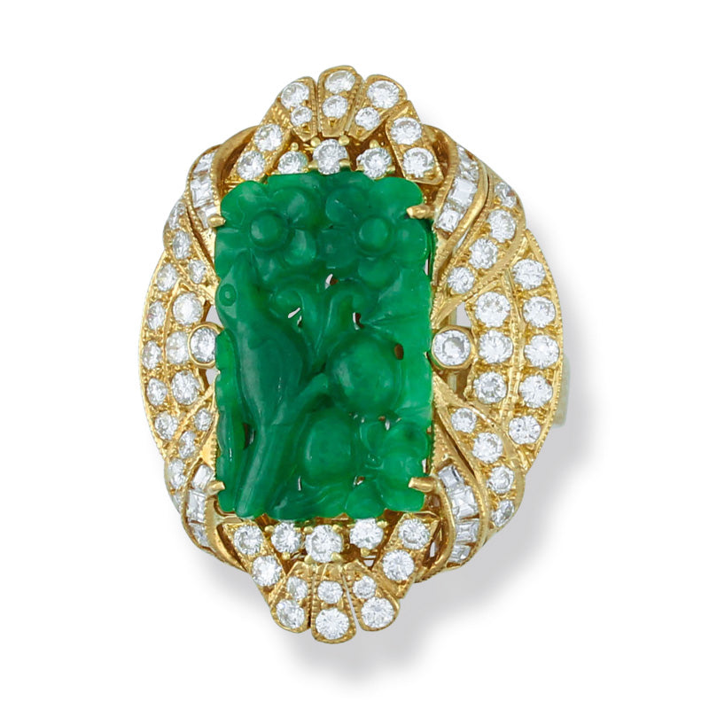 Estate 14K Yellow Gold Green Jadeite Jade Carved Ring with Diamonds | UPC #356856