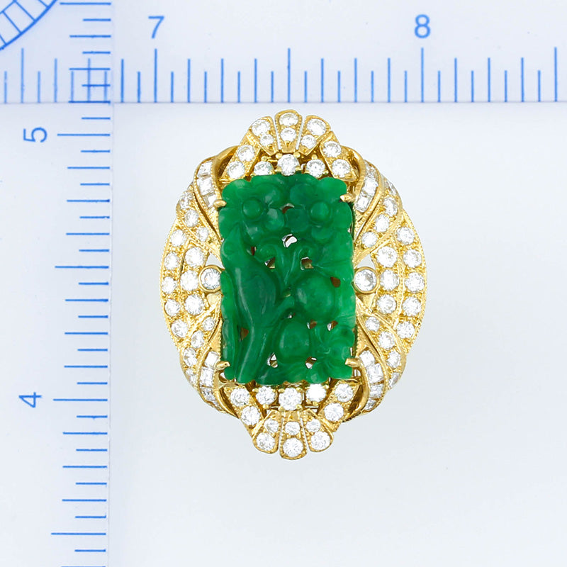 Estate 14K Yellow Gold Green Jadeite Jade Carved Ring with Diamonds | UPC #356856