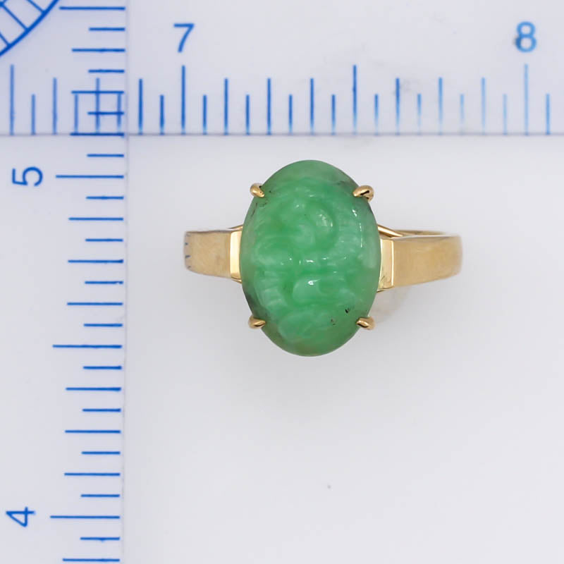 14K Yellow Gold Green Jadeite Jade Carved Dragon Ring | UPC #373686