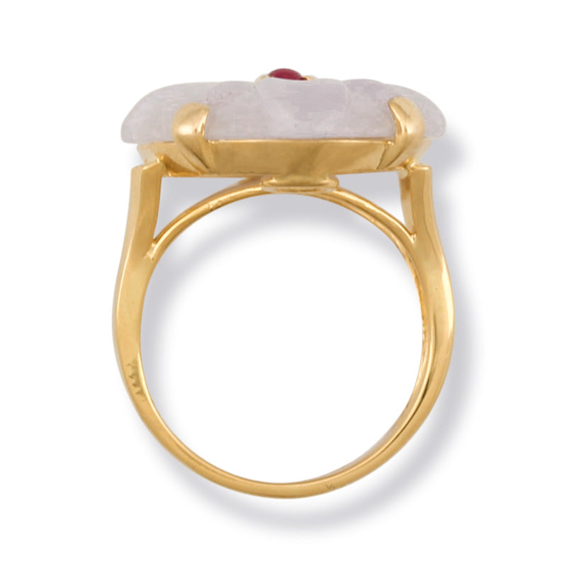 18K Yellow Gold Lavender Jade Cocktail Ring | Flower Ring with Jade and Ruby | UPC #382503