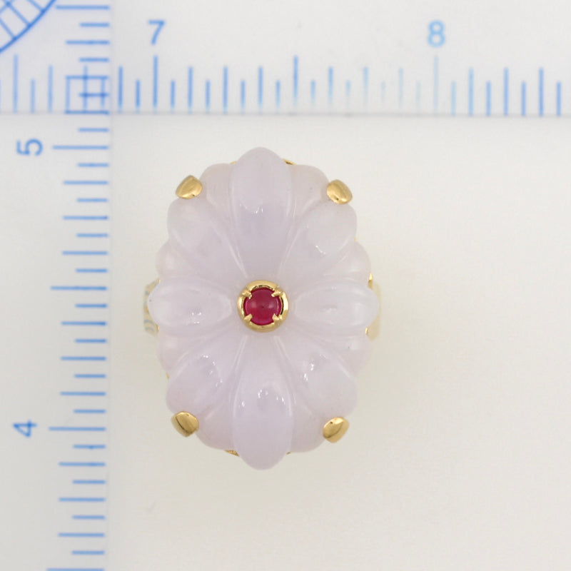 18K Yellow Gold Lavender Jade Cocktail Ring | Flower Ring with Jade and Ruby | UPC #382503