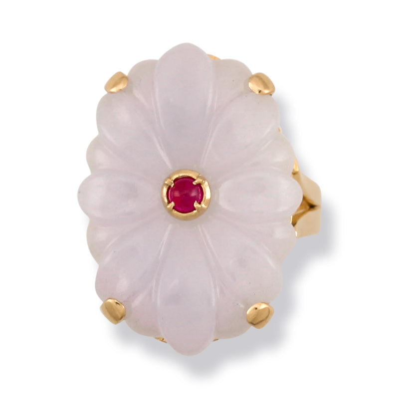 18K Yellow Gold Lavender Jade Cocktail Ring | Flower Ring with Jade and Ruby | UPC #382503