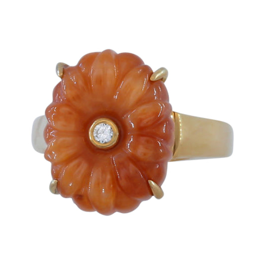 Red Jadeite Jade Flower Carving Ring in 14K Yellow Gold | UPC #391932