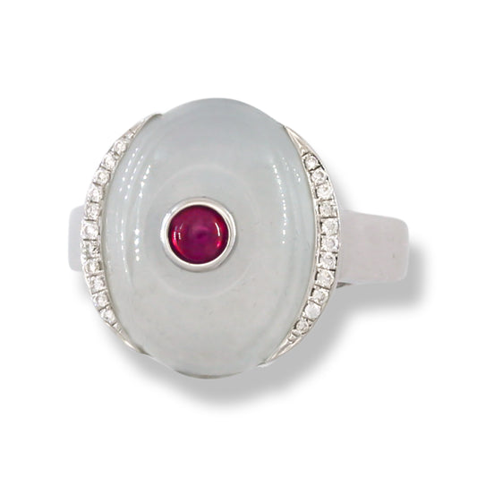 18K White Gold Ice Jadeite Jade, Diamond and Ruby Ring for Women | UPC #392151